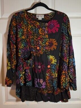 Winter Sun Multicolor Abstract Button-Front Tunic Top Unique Rayon S